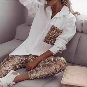 CBR | White Button Down Shirt with Snake Print Accent Leggings | Size L